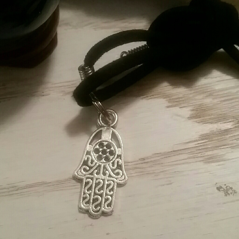 - Hamsa charm necklace w black leather cord & bonus protection stones🪬